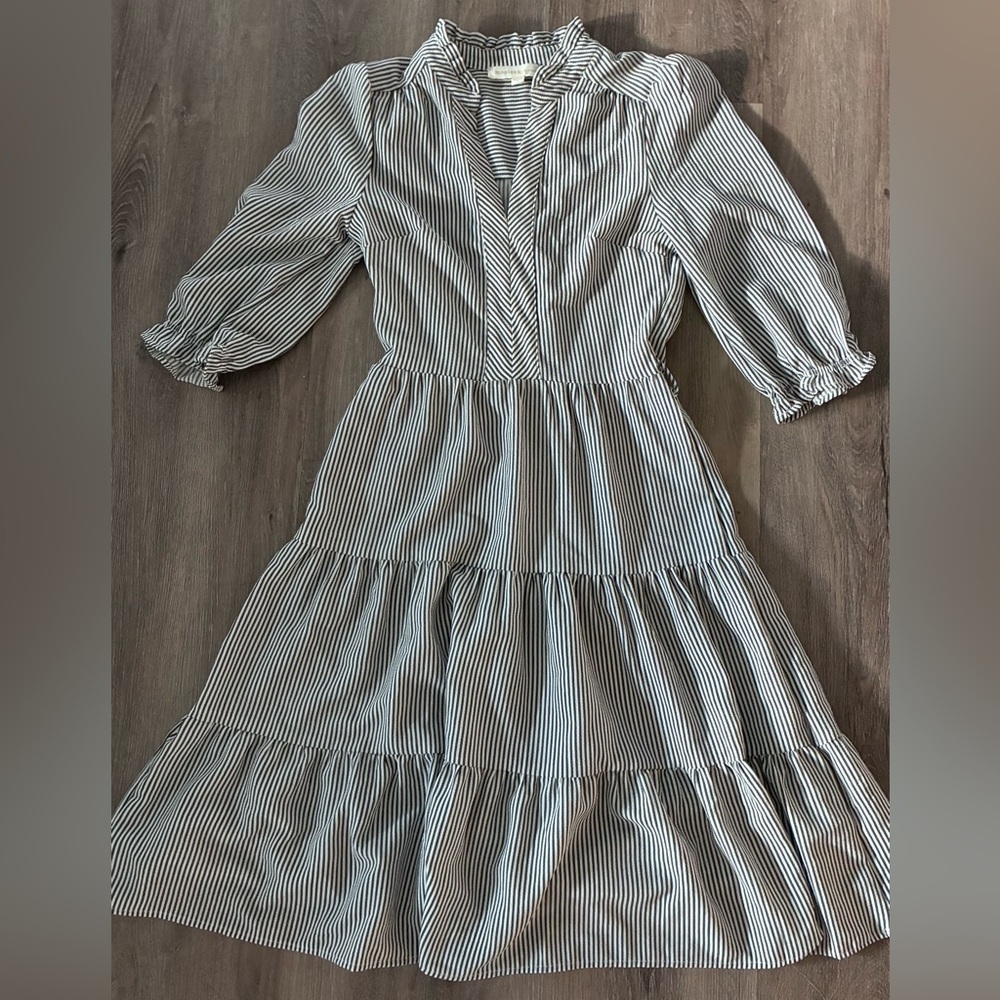 Monteau Black and White Striped Long Sleeve Dress